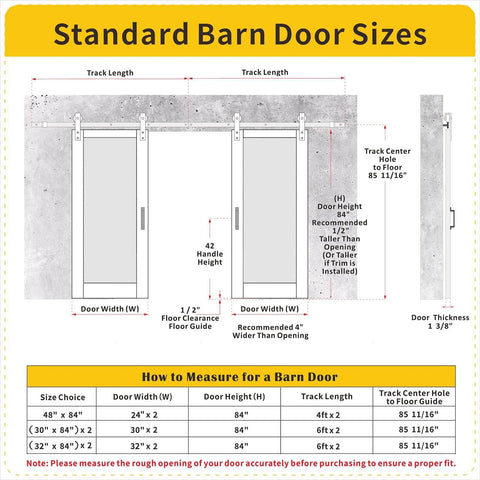Diagram showing standard barn door sizes and measurements for installation.