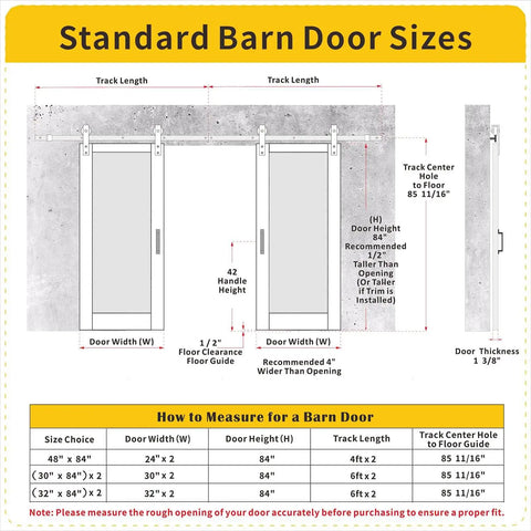 Diagram showing standard barn door sizes with measurements for door width, height, track length, and floor clearance.