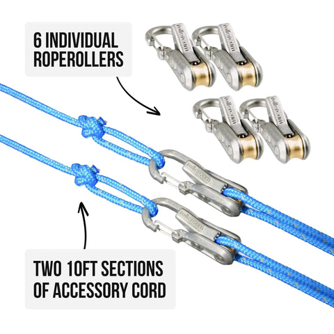 Six Roperoller rope tensioners with two 10-ft blue accessory cords for outdoor tie-downs