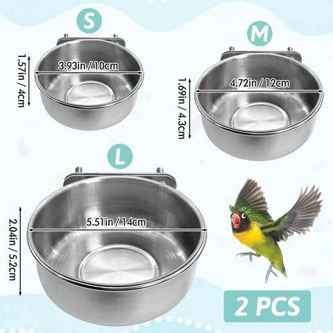 Three sizes of stainless steel bird bowls with clamp holders, shown with measurements, for parrots and more; 2-pack set.