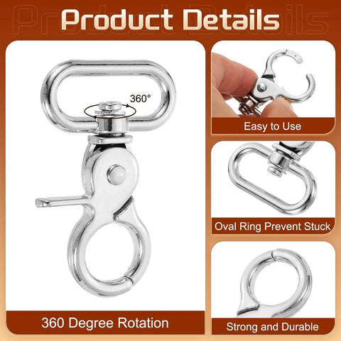 Six Pack 25mm Swivel Snap Hooks Heavy Duty Zinc Alloy Clasps For Straps Bags showing 360-degree rotation feature