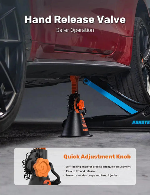3 Ton Jack Stands With Integrated Steel Base And Double Locking For SUV lifting a red vehicle with hand release valve and quick knob.