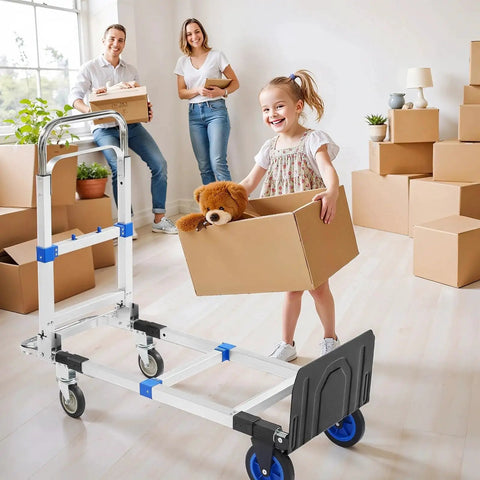 Family using 3 In 1 Aluminum Folding Hand Truck Dolly Cart With Wheels Up To 600 Lbs Capacity in home with boxes and child holding teddy bear