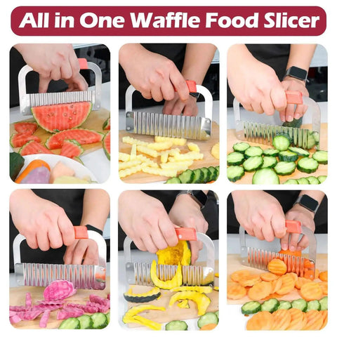 Extra Large Crinkle Cutter Wave Potato Slicer With Durable Handle by JAYVAR cutting various vegetables on wooden board