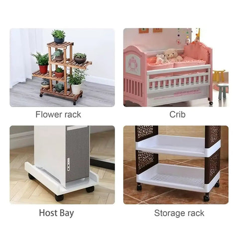 2 Inch Caster Wheels With Brakes, Swivel Nylon Plate Casters Set Of 4, shown on flower rack, crib, host bay, and storage rack.