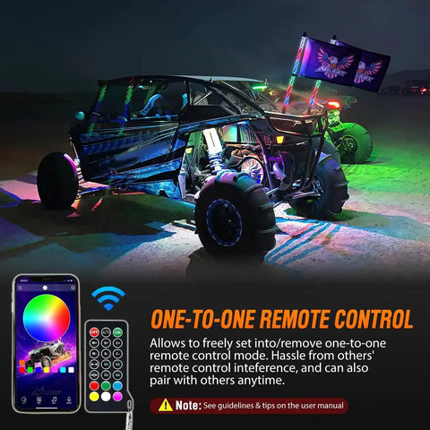 ATV with two RGB LED whip lights using 2 Pack 2 Foot RGB LED Whip Light Kit With Bluetooth App Control And Remote DIY Chasing Modes
