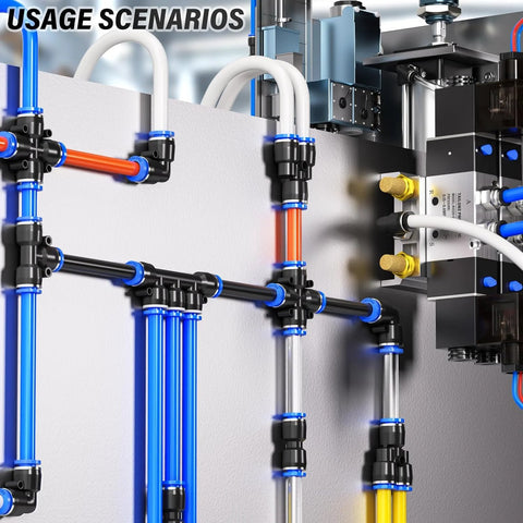 Pneumatic push-to-connect fittings kit, 1/4 in OD, blue and black fittings with white tubing, 60-piece set