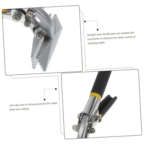 Close-up of Metal Bender Hand Seamer Tool With Straight Jaw Pliers showing clamping depth markings and anti-slip wires for roofing projects.