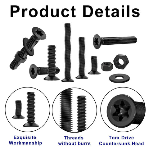 Beefy Torx Countersunk Screws Set with M2 M2.5 M3 Bolts Nuts and Washers Flat Head Star Drive Machine Screws Grade 10.9 Alloy Steel