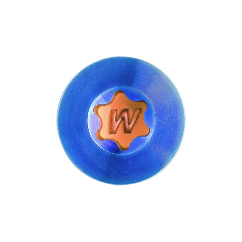 Close-up of Titanium Torx Countersunk Flat Head Bolt in burnt blue finish with star-shaped, copper-colored socket.