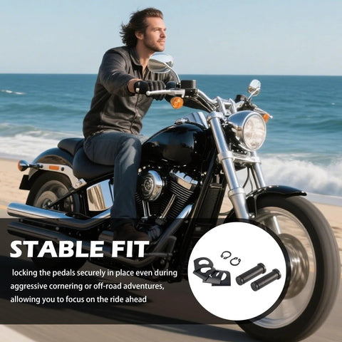 8Pcs Motorcycle Foot Pegs Mounting Kit With Clevis Pin For Rider And Passenger, shown with Harley Davidson motorcycle on beach.