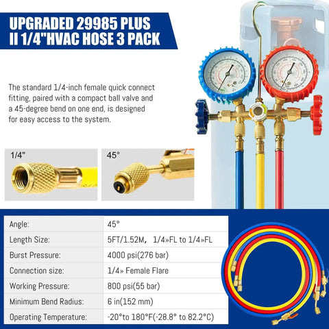Upgrade 29985 Plus II One Quarter Inch HVAC Hose With Ball Valve For Refrigeration, multicolor 3 pack with gauges.