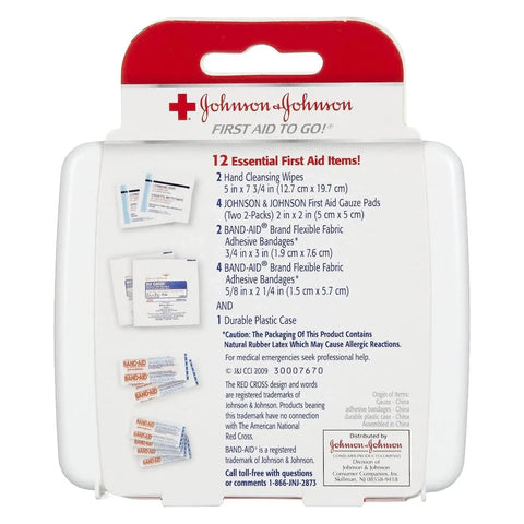 To Go Travel Size First Aid Kit Pack Of 3 For Car Office Purse Gym With Durable Plastic Case And 12 Essentials visible on case back
