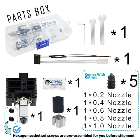 Hotend Upgrade Kit For Bambu Lab P1P P1S Printers with parts box and 5 hardened steel nozzles 0.2 0.4 0.6 0.8 1.0mm