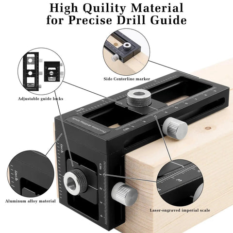 Pro Grade 2-In-1 Doweling Jig Kit For Woodworking with aluminum alloy body, self-centering drill guide, adjustable locks, and laser scale.