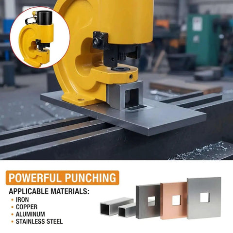 Hydraulic punching machine using Heavy Duty Square Hole Punch Die for 17x17mm cuts; materials: iron, copper, aluminum, stainless steel.