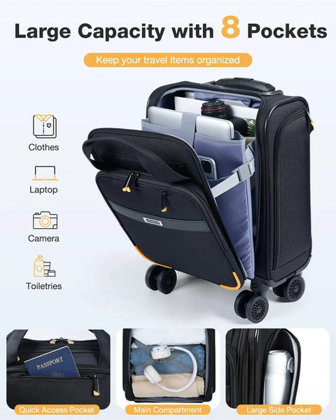 Underseat Carry On Luggage 16 Inch Softside With Detachable Spinner Wheels showing eight pockets filled with travel essentials