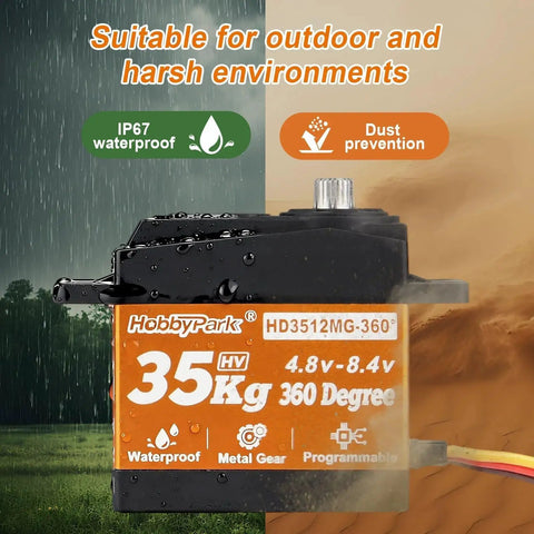 HobbyPark 35kg 360° continuous-rotation servo with metal gears; IP67 waterproof, 4.8–8.4V