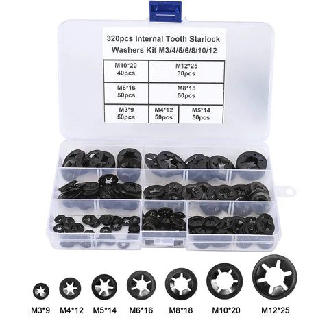 Starlock Washer Set 320 Piece Internal Tooth Locking Washers Kit With 7 Sizes M3 M4 M5 M6 M8 M10 M12 in plastic organizer
