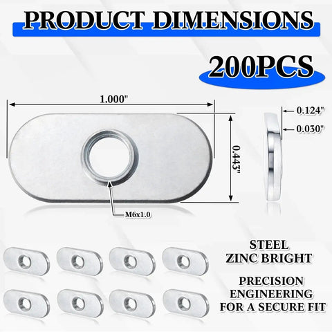 Dimensions and details of 200 Pcs M6 X 1.0 Centered Slide In T Nuts for 10 Series T Slot Aluminum Extrusion Zinc Plated Carbon Steel