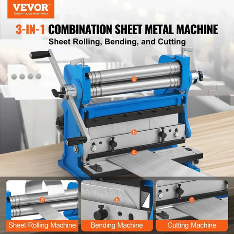 Front view of 12 Inch 3 In 1 Sheet Metal Shear Brake Roll Machine for home shop showing bending, cutting, and rolling functions.