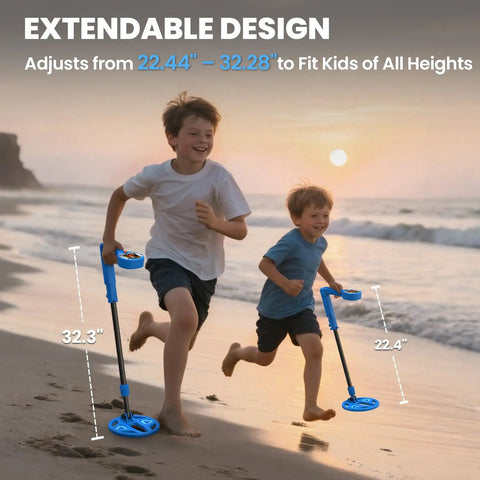 Children using Color LCD Screen Kids Metal Detector With LED Lit Coil Adjustable Lightweight Treasure Hunter For Ages 3 To 12 on a beach.