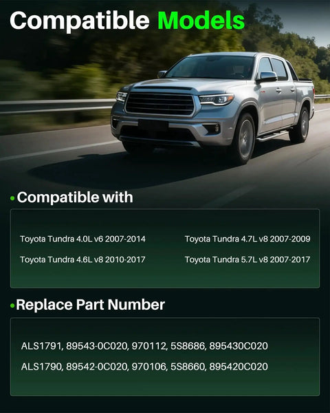 Silver Toyota Tundra pickup driving on a highway with a large Compatible Models banner overhead