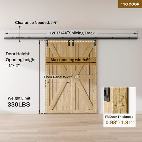 12Ft Box Rail Exterior Sliding Barn Door Hardware Kit Aluminum Alloy Wall Mount Built Tough Heavy Duty Track With Smooth Quiet Rollers, door panel not included, supports up to 330 lbs, fits 1 in to 1 3/4 in thick doors max 68 in opening 36 in wide
