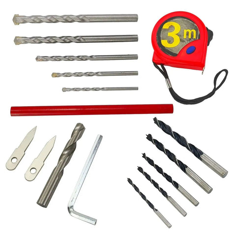 Adjustable Hole Saw Cutter Kit From One And Five Eighths Inch To Eight Inch With ABS Dust Cover, drill bits, and measuring tape