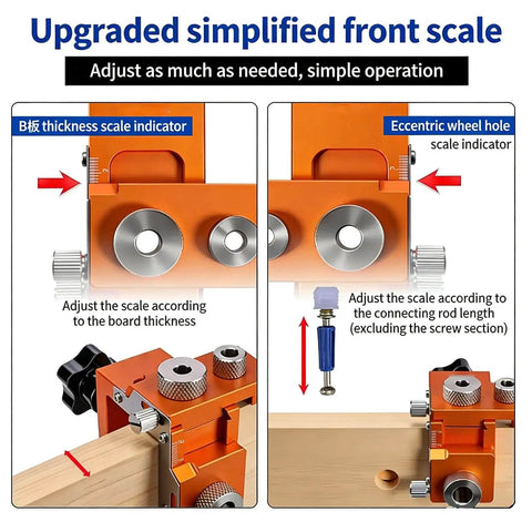 Close-up of Double Hole Punch Locator Drill Positioning Jig for Woodworking, showing adjustable scale and aluminum alloy construction.