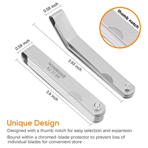 Two Piece Feeler Gauge Set With 32 Blade Main Gauge And 16 Blade Offset Gauge Dual Marked SAE And Metric Sizes For Precise Mechanical Clearance Measurements Made From 65 Manganese Steel For Tough Wear Resistance And Elasticity, showing design details with thumb notches and dimensions.