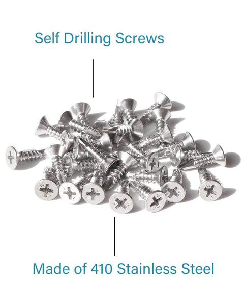 Pile of Self Drilling Tek Screws Number Ten By Three Quarters Inch 410 Stainless Steel Flat Head Phillips Sheet Metal Fasteners Built Tough High Hardness No Pre Drill Wood To Metal 25 Pieces