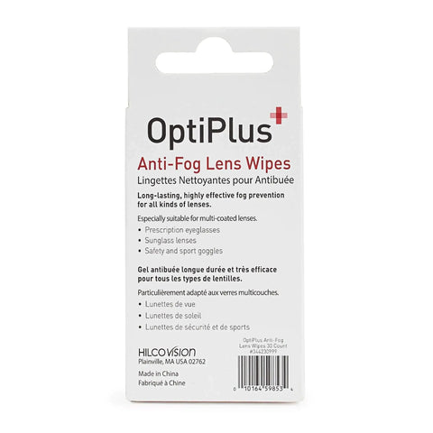 OptiPlus Anti Fog Lens Wipes packaging for all lenses with long-lasting fog prevention for eyeglasses and goggles.