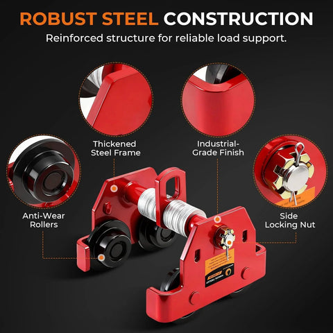 3 Ton Manual I Beam Trolley With Adjustable Width For Flange, showing robust steel construction and heavy-duty side wheels