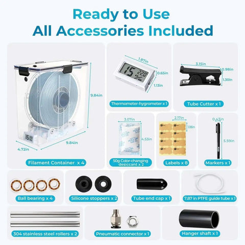 Image of Dual Outlet Filament Storage Box With Airtight Seal, Ball Bearing Spool Holder, accessories including hygrometer, tube cutter.