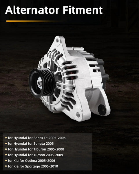 Reliable OEM Style Beefed Up Alternator Replacement For Hyundai Santa Fe 2005 2006 Sonata 2005 Tiburon 2005 2008 Tucson 2005 2009 And Kia Optima 2005 2006 Sportage 2005 2010 close-up