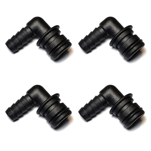 Detoria 20381-024 quad port elbow fittings, black plastic, 3/8" hose barb, four pieces