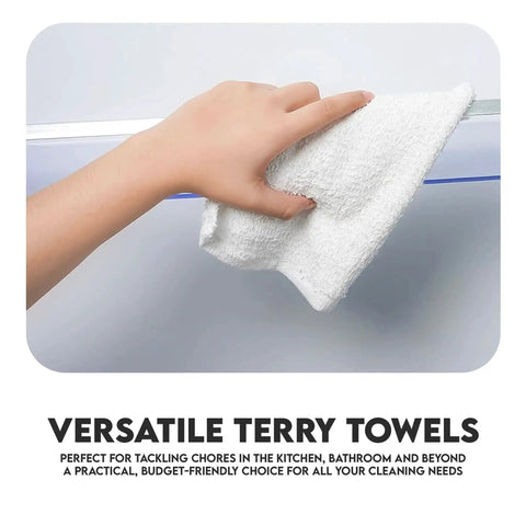 Hand using 60 Pack White Cotton Terry Bar Mop Towels, 14X17 Inches, Super Absorbent Cleaning Rags for versatile cleaning