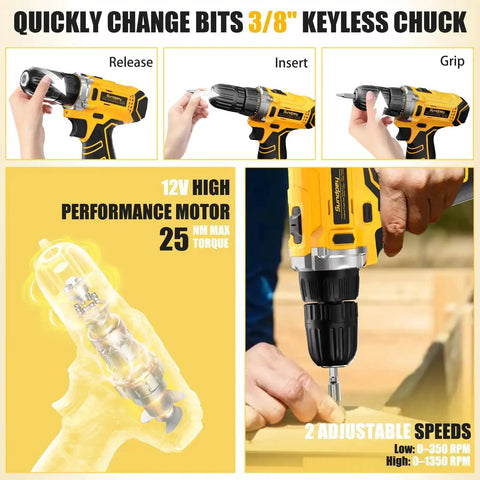 Image showing the 166 Piece General Home Repair Tool Set With Cordless 12V Drill Battery And Charger In Portable Tool Box, featuring drill usage steps, motor details, and adjustable speeds.