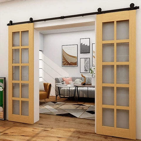 Bypass Sliding Barn Door Rail Hardware Kit, Heavy Duty Carbon Steel Tracks, Double Door System installed in living room