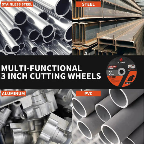 Collage of stainless steel, steel, aluminum, and PVC materials with a 3 inch cutting wheel, labeled 'Multi-Functional 3 Inch Cutting Wheels'