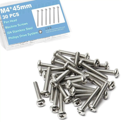 30 Pcs M4x45mm Pan Head Phillips Machine Screws 304 Stainless Steel Fully Threaded 1.75 In For Furniture Repairs And 3D Printers In A Durable Plastic Storage Box