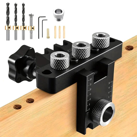 3-In-1 Dowel Jig Kit With Self Centering Doweling And Pocket Hole Jig For Straight Holes, shown with drilling guide on wood.