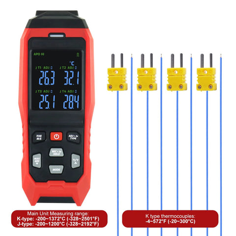 Amazon red handheld thermocouple thermometer data logger, 4-channel digital K-type with probes and blue wires