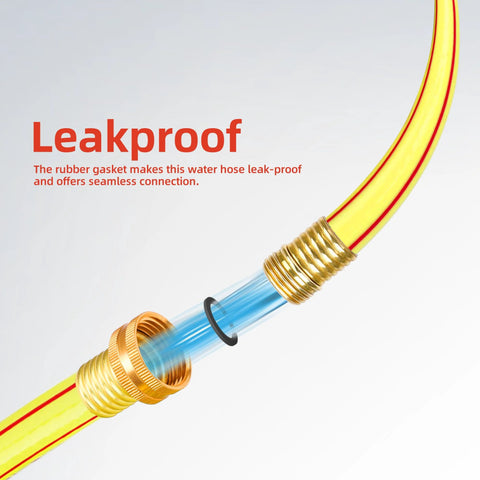 Solution4Patio garden hose, yellow with red stripe, brass fittings, blue inner tube, cutaway view