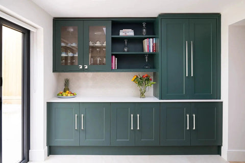 Green kitchen cabinets with 10 Pack 5 Inch Brushed Satin Nickel Cabinet Pulls Zinc Alloy Kitchen Cabinet Handles visible