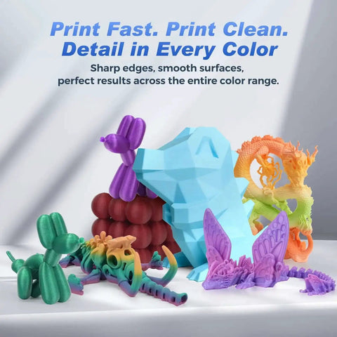 Colorful 3D printed models showcasing detail and precision, featuring Rapid PLA Filament 1.75mm Aurora Green 1kg Spool For 3D Printing Ultra Fast Up To 500 mm Per Second With Killer Print Quality And Tight Dimensional Tolerance 0.02mm.