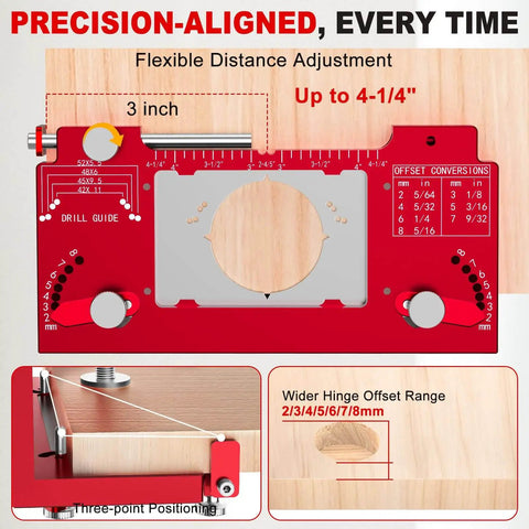 Metal Concealed Hinge Jig With Built In Screw Hole Guide showing flexible distance adjustments and offset conversions