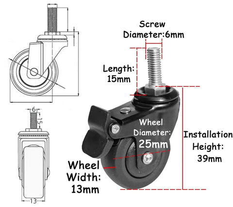 Side view of 1 Inch Mini Swivel Caster Wheels Set With M6x15mm Threaded Stem Silent TPE Rubber Brake Rollers For Light Furniture And Small Trolleys, 4 Pack, Each 45kg 99lbs Load Capacity, Includes Nuts And Wrench with measurements labeled.