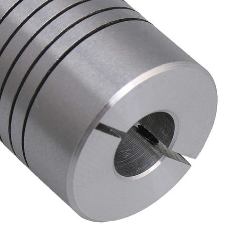 Shaft coupling for CNC stepper motor, 5x8 mm bore, silver aluminum flexible connector